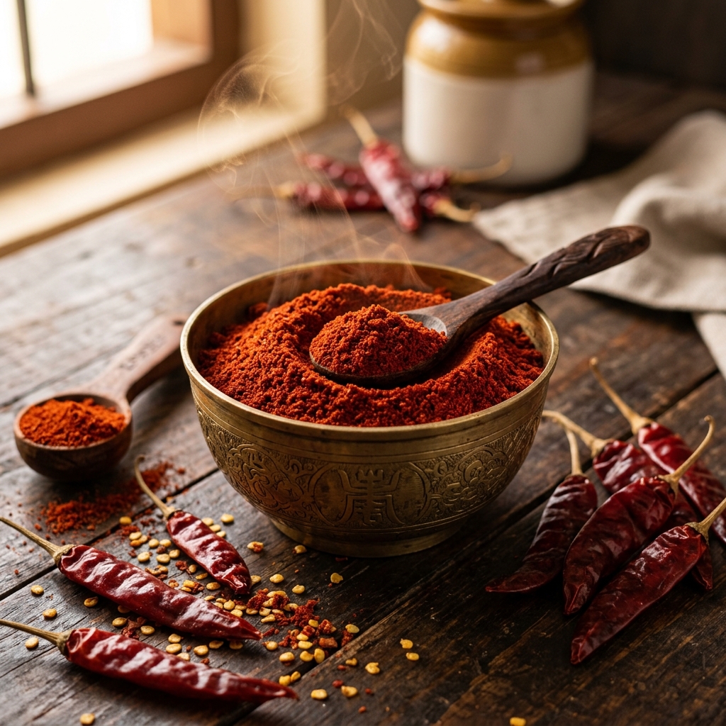 Bowl of freshly ground Spiza chilli powder surrounded by dried red Guntur chillies