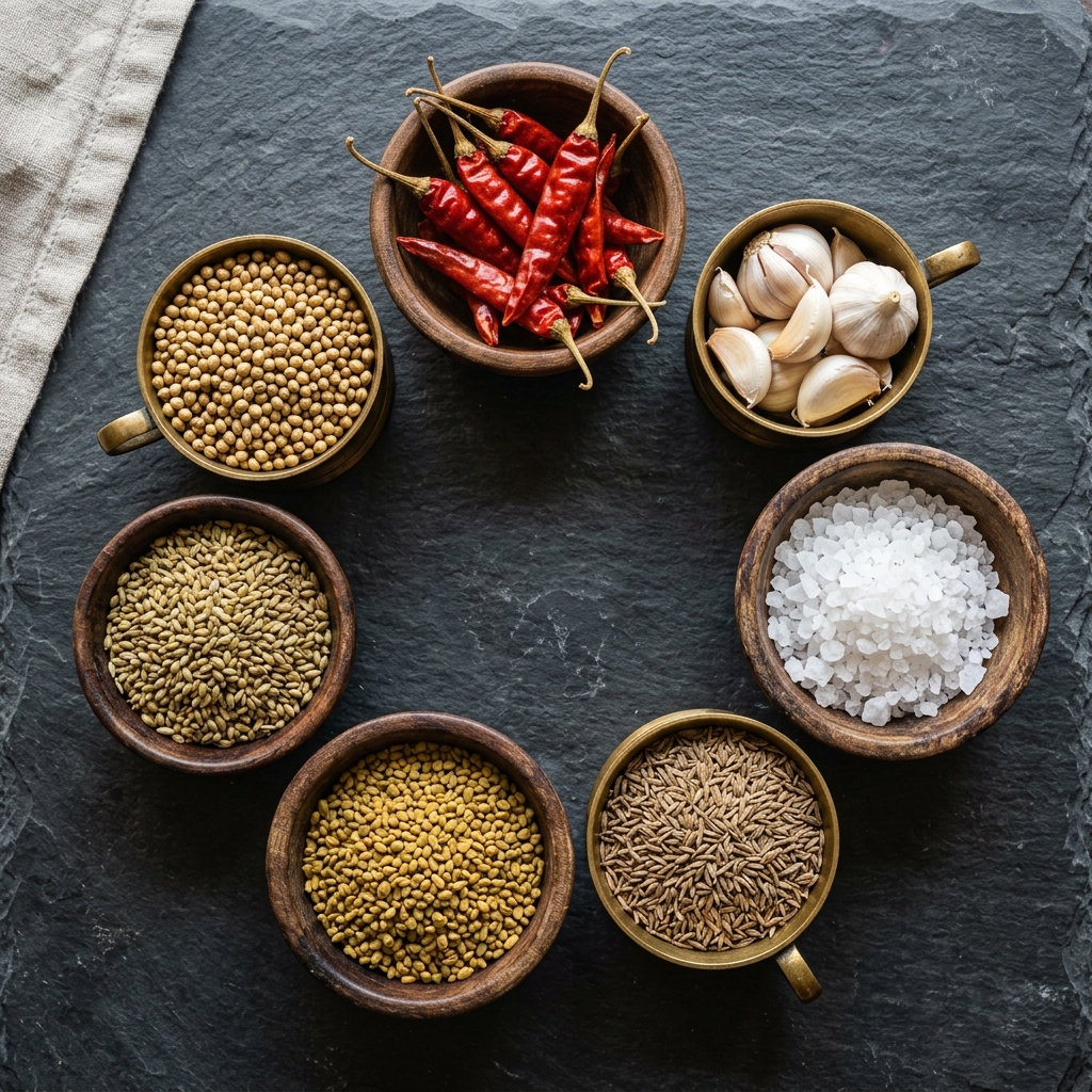 Flat lay of Spiza ingredients: red chillies, garlic, salt, coriander, cumin, and fenugreek in wooden bowls